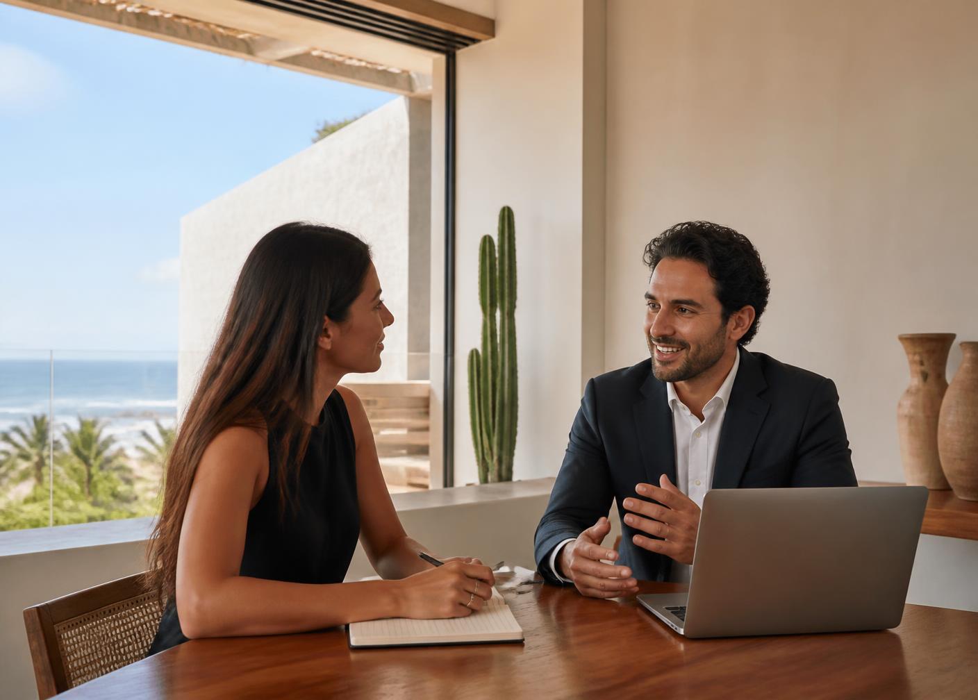 Consultoría estratégica entre un asesor de Nexora y una clienta en Puerto Vallarta