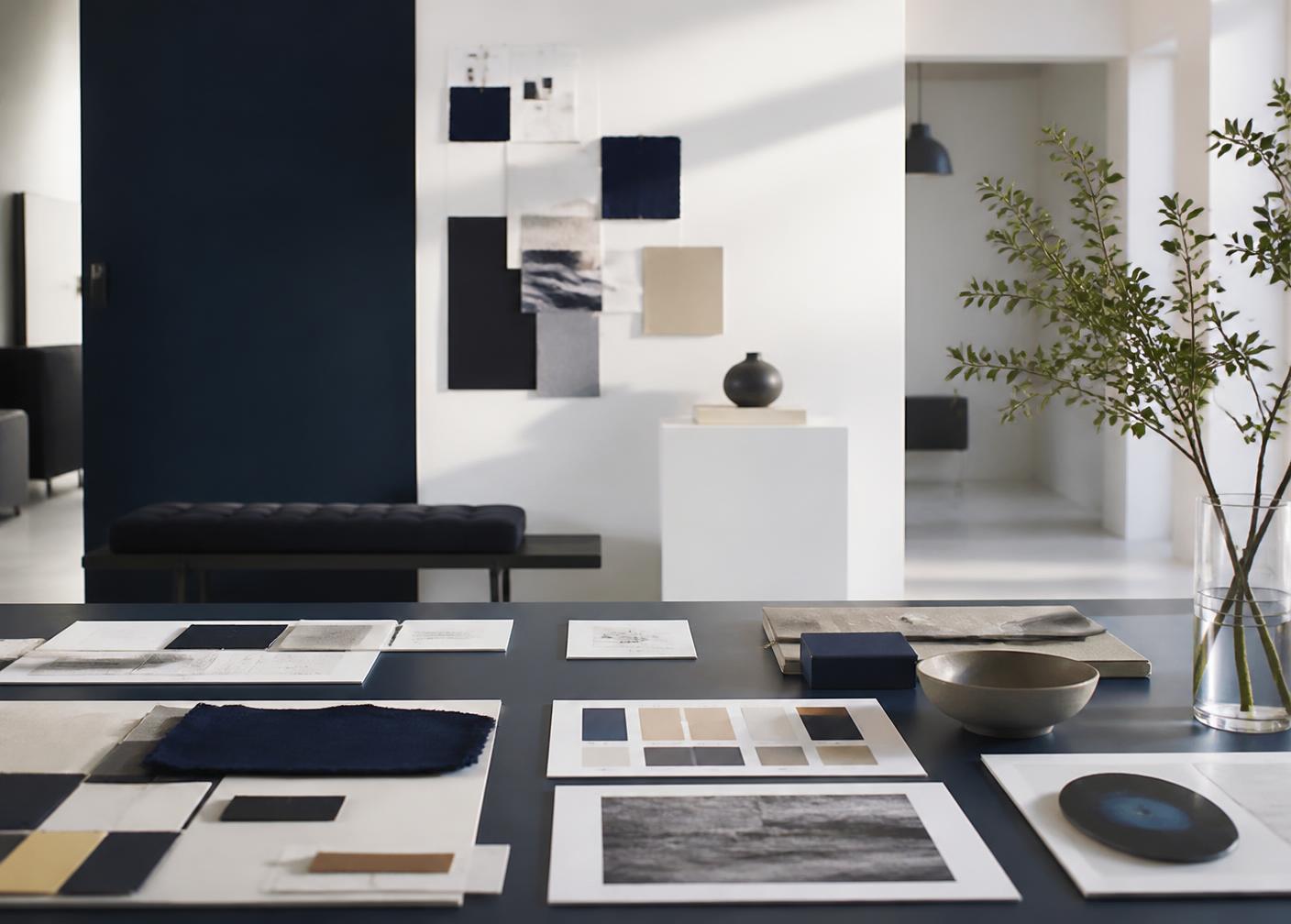 Materiales de identidad de marca sobre la mesa de trabajo del estudio